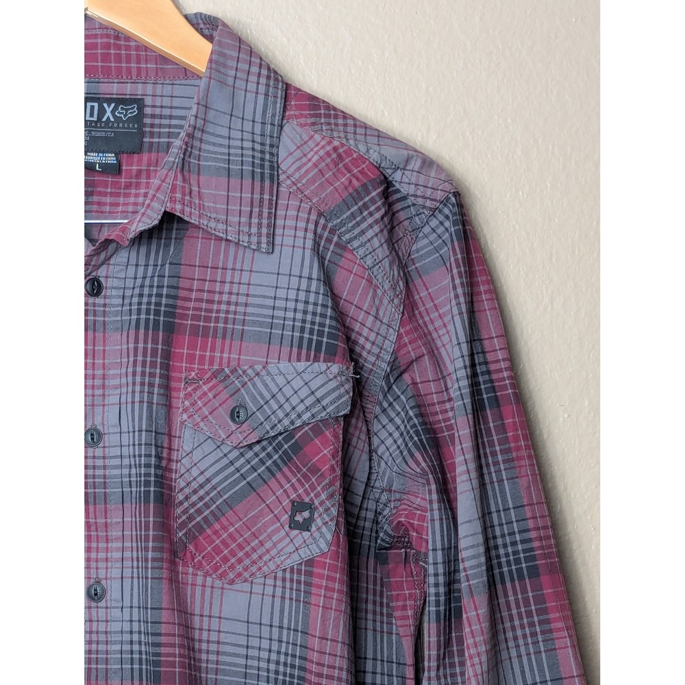 Fox Racing Button Down Shirt Mens L Burgundy Grey Plaid Heritage Forged 17302 - Picture 8 of 15